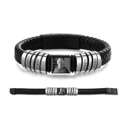 Personalisiertes Herrenarmband aus Leder mit 1–6 Namen Fotoarmband Geschenk für Männer: Papa, Ehemann, Sohn, Großvater (4 name) von Grovjewfit