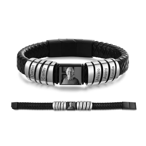 Personalisiertes Herrenarmband aus Leder mit 1–6 Namen Fotoarmband Geschenk für Männer: Papa, Ehemann, Sohn, Großvater (5 name) von Grovjewfit