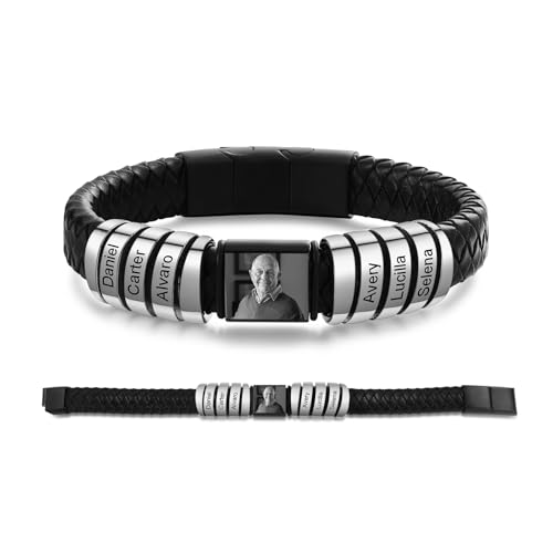 Personalisiertes Herrenarmband aus Leder mit 1–6 Namen Fotoarmband Geschenk für Männer: Papa, Ehemann, Sohn, Großvater (6 name) von Grovjewfit
