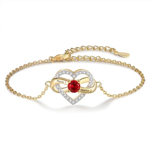Personalisiertes Herz Armband Mit Gravur: Damen Armband Gold Mit 2 Namen Und Geburtsstein Armkette Für Frauen Mutter Tochter Muttertagsgeschenke (gold herz) von Grovjewfit