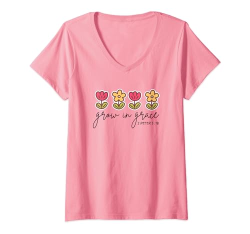 Damen Grow In Grace Christian Bibel Zitat 2 Peter 3:18 Blumen T-Shirt mit V-Ausschnitt Damen Grow In Grace Christian Bibel Zitat 2 Peter 3:18 Blumen T-Shirt mit V-Ausschnitt von Grow In Grace Christian Bible Quote With Flowers