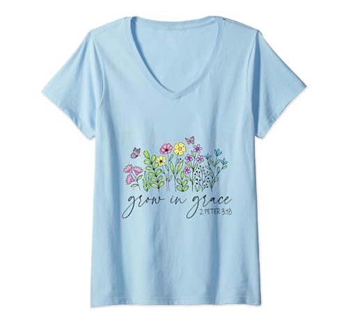 Damen Wachsen Sie in Grace Wildflowers T-Shirt mit V-Ausschnitt von Grow In Grace Wildflowers