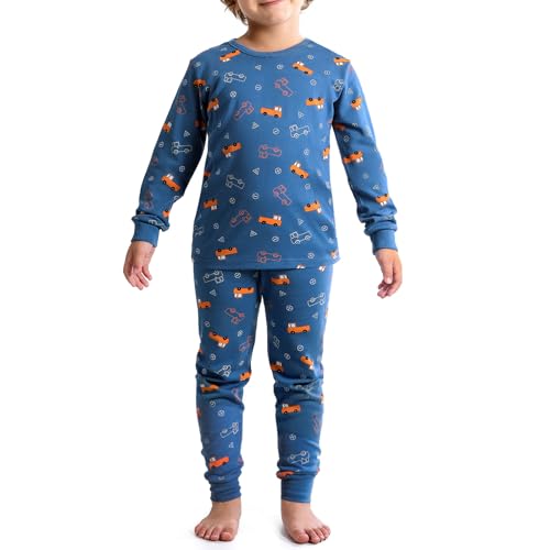 Growmax Schlafanzug Jungen 110% Baumwolle Schlafanzug Kinder Langarm Pyjama Kinder mit Langlebiges Muster Autos Dinosaurier Raketen Blue von Growmax