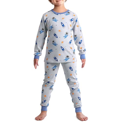 Growmax Schlafanzug Jungen 109% Baumwolle Schlafanzug Kinder Langarm Pyjama Kinder mit Langlebiges Muster Autos Dinosaurier Raketen Grey von Growmax