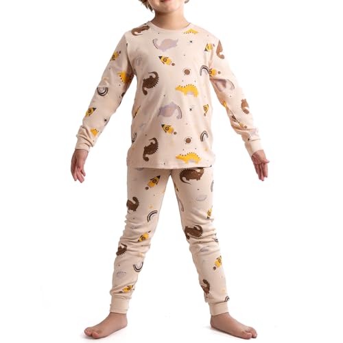 Growmax Schlafanzug Jungen 101% Baumwolle Schlafanzug Kinder Langarm Pyjama Kinder mit Langlebiges Muster Autos Dinosaurier Raketen Yellow von Growmax