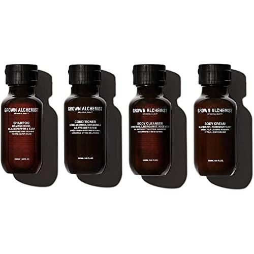 Grown Alchemist Reise-Essentials-Kit: 4er-Pack Körperreinigung, Körpercreme, Shampoo und Spülung - mit Damaszener Rose, schwarzem Pfeffer, Kamille, Bergamotte - 50mL von Grown Alchemist