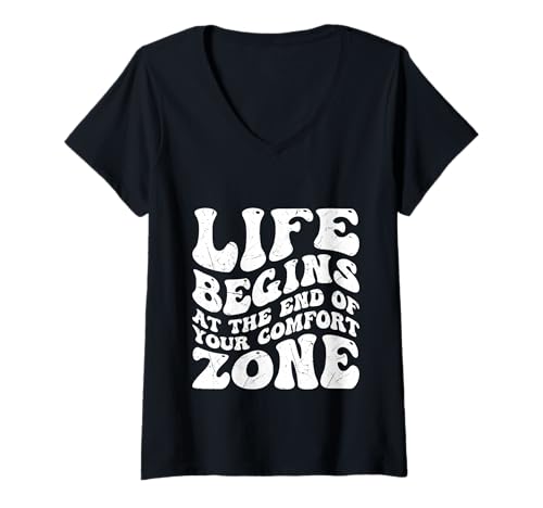 Damen Das Leben beginnt in der Komfortzone Motivierend Inspirierend Groovy T-Shirt mit V-Ausschnitt Damen Das Leben beginnt in der Komfortzone Motivierend Inspirierend Groovy T-Shirt mit V-Ausschnitt von Growth Mindset Apparel