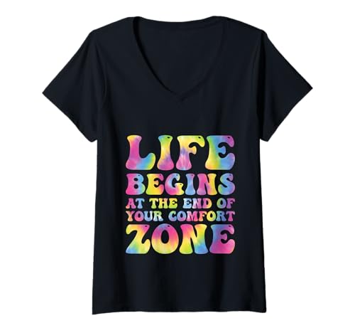 Damen Life Begins Comfort Zone Motivational Inspirational Tie Dye T-Shirt mit V-Ausschnitt Damen Life Begins Comfort Zone Motivational Inspirational Tie Dye T-Shirt mit V-Ausschnitt von Growth Mindset Apparel