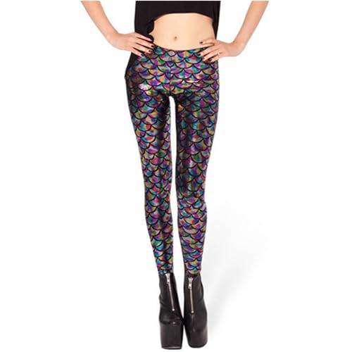 Grsafety Fischschuppenhose Damen Leggings Plissee Print Meerjungfrau Skalen Mädchen Hose, Mehrfarbig L von Grsafety
