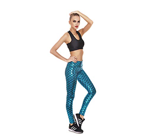Grsafety Fish Scale Pants Damen Leggings Plissee Print Meerjungfrau Skalen Mädchen Hose, Hellblau L von Grsafety
