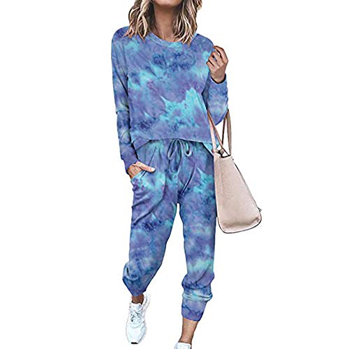 Damen-Trainingsanzug mit Batik-Effekt, langärmelig, elastisch, Loungewear, Pyjama, leger, Sportanzug Gr. 38, blau von Grsafety2019