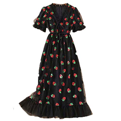 Grsafety2019 Damen Kleid mit V-Ausschnitt und Netzgarn Erdbeer-Print mit Pailletten, langer Rock, Krawatte, schmal, kurze Ärmel, modisches Kleid, Schwarz , L von Grsafety2019