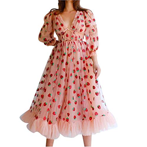 Grsafety2019 Damen Kleid mit V-Ausschnitt und Netzgarn Erdbeer-Print mit Pailletten, langer Rock, Krawatte, schmal, kurze Ärmel, modisches Kleid, rose, L von Grsafety2019