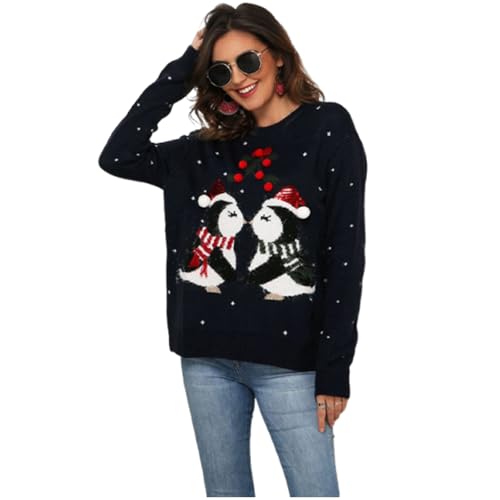 Grsafety2019 Damen Weihnachtspullover Pullover Rundhals Pinguin Sweatshirt Langarm Tops Bluse Herbst und Winter, dunkelblau, XL von Grsafety2019