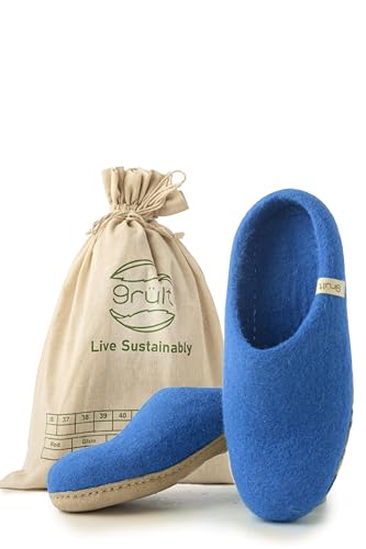 Grült Felt Slipper Blau EU-41, made from sheep's wool with leather sole, Filz Hausschuhe für Damen, Herren | Pantoffel | filzschuhe von Grült