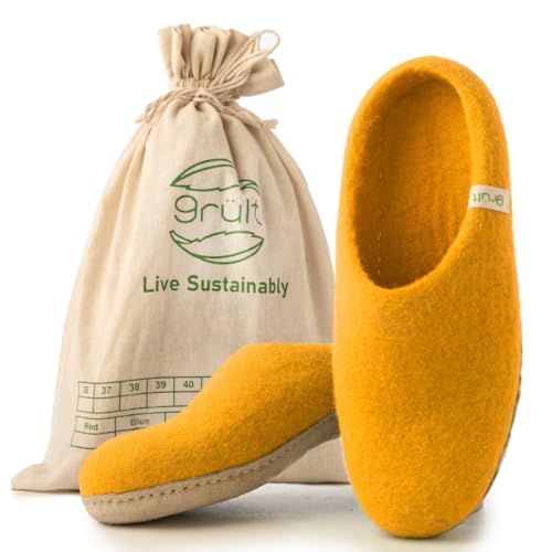 Grült Felt Slipper Gelb EU-43, made from sheep's wool with leather sole, Filz Hausschuhe für Damen, Herren | Pantoffel | filzschuhe von Grült
