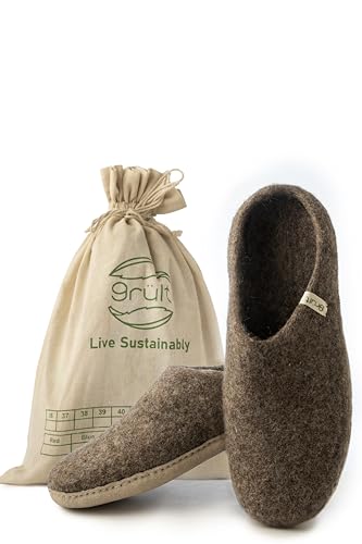 Grült Felt Slipper Grau EU-46, made from sheep's wool with leather sole, Filz Hausschuhe für Damen, Herren | Pantoffel | filzschuhe von Grült