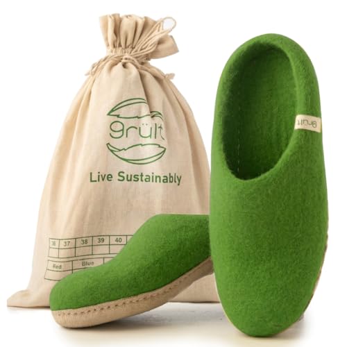 Grült Felt Slipper Green EU-45, made from sheep's wool with leather sole, Filz Hausschuhe für Damen, Herren | Pantoffel | filzschuhe von Grült