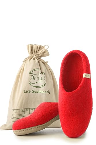 Grült Felt Slipper Rot EU-37, made from sheep's wool with leather sole, Filz Hausschuhe für Damen, Herren | Pantoffel | filzschuhe von Grült