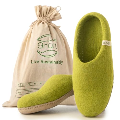 Grült Felt Slippers Olive EU-37, made from sheep's wool with leather sole, Filz Hausschuhe für Damen, Herren | Pantoffel | filzschuhe von Grült