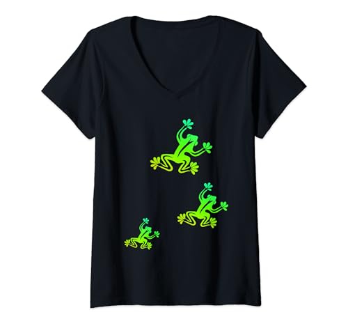 Damen Grüner Frosch Kunst Tier Motiv Aufdruck T-Shirt mit V-Ausschnitt Damen Grüner Frosch Kunst Tier Motiv Aufdruck T-Shirt mit V-Ausschnitt von Grüner Frosch Tier Tiermotiv