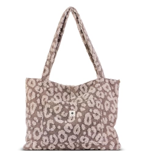 Grünes Glück Teddy Handtasche Damen – Premium Shopper mit extra vielen Innentaschen - Flexibel einsetzbar als Umhängetasche, Kinderwagentasche, Wickeltasche - die Tote bag (Leo Taupe) von Grünes Glück