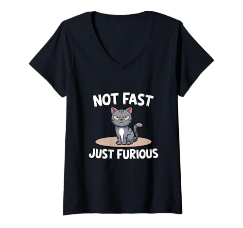 Damen Not Fast Just Furious Wütende Katze Humor T-Shirt mit V-Ausschnitt Damen Not Fast Just Furious Wütende Katze Humor T-Shirt mit V-Ausschnitt von Grumpy Cats Meme Tees for Pet Lovers and Nerds