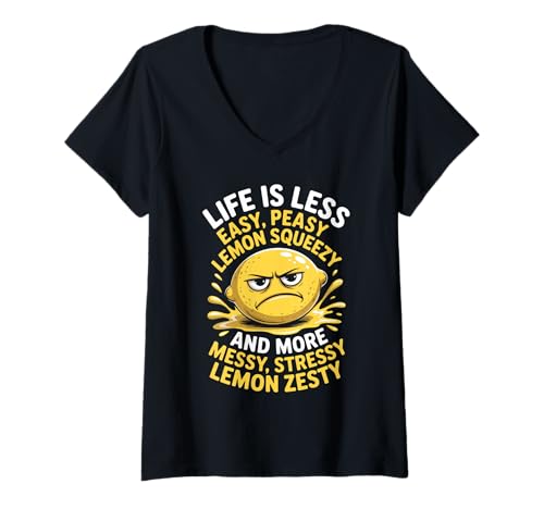 Damen Lustiger Wütender Zitrone Messy Stressy Cartoon Witz Frauen Männer T-Shirt mit V-Ausschnitt von Grumpy Citrus Humor Sarcastic Food Lover Design