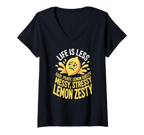 Damen Lustiger Wütender Zitrone Messy Stressy Cartoon Witz Frauen Männer T-Shirt mit V-Ausschnitt von Grumpy Citrus Humor Sarcastic Food Lover Design