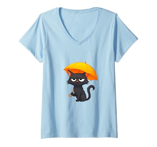 Damen Grumpy Days Katze mit Regenschirm - Lustige $GRU Meme Münze T-Shirt mit V-Ausschnitt von Grumpy Days ($GRU)
