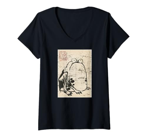 Damen Japanischer Kunstdruck, Motiv: Grumpy Frog, Holzblock, Vintage-Stil, Ukiyo T-Shirt mit V-Ausschnitt Damen Japanischer Kunstdruck, Motiv: Grumpy Frog, Holzblock, Vintage-Stil, Ukiyo T-Shirt mit V-Ausschnitt von Grumpy Frog Funny Kawaii Japanese Art Ukiyo anime
