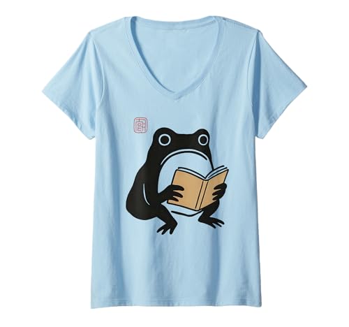 Damen Lustiges mürrischer Frosch Lesebuch Kawaii Tuschemalerei Japanisch T-Shirt mit V-Ausschnitt Damen Lustiges mürrischer Frosch Lesebuch Kawaii Tuschemalerei Japanisch T-Shirt mit V-Ausschnitt von Grumpy Frog Reading a Book Book Lover Bookworm