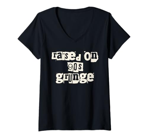 Damen Raised on 90's Grunge Music T-Shirt mit V-Ausschnitt von Grunge Music Wear