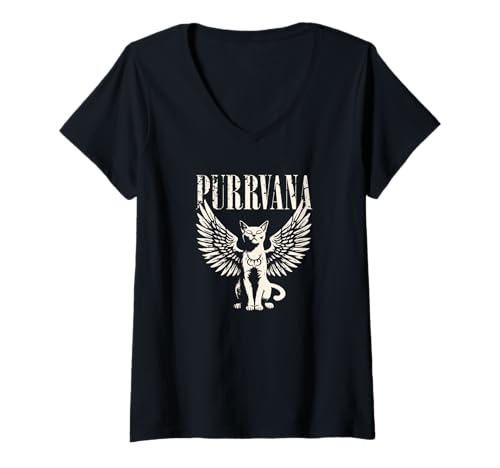 Damen Purrvana Lustige Katze Parodie 90er Grunge Rock Musik T-Shirt mit V-Ausschnitt von Grunge Rock Parody Co.