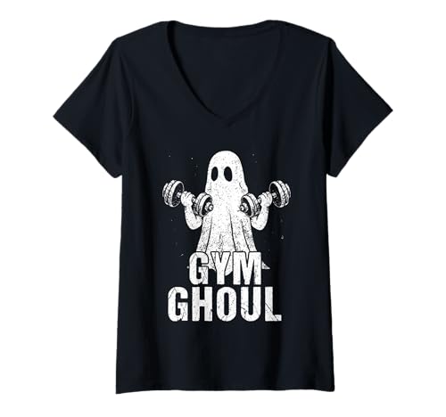 Damen Gym Ghoul Lustiges Halloween Workout Ghost Fitness T-Shirt mit V-Ausschnitt Damen Gym Ghoul Lustiges Halloween Workout Ghost Fitness T-Shirt mit V-Ausschnitt von Grunge Weightlifting Bodybuilder Ghost Gym Fitness