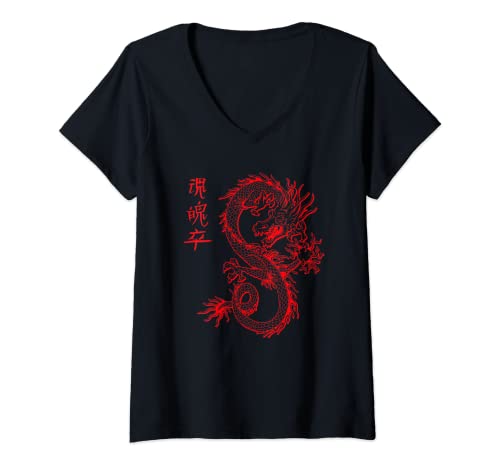 Damen Dragon Streetwear E-Girl Aesthetic retro E-Boy Drache 90s T-Shirt mit V-Ausschnitt von Grunge japanischer Drache E-Boy Vaporwave retro