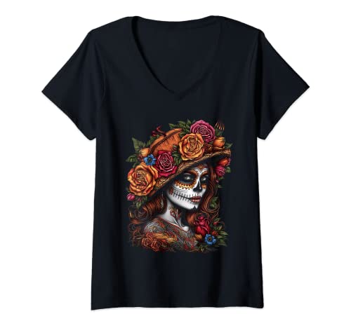Damen Schöne und farbenfrohe Frau Catrina T-Shirt mit V-Ausschnitt Damen Schöne und farbenfrohe Frau Catrina T-Shirt mit V-Ausschnitt von Grungees