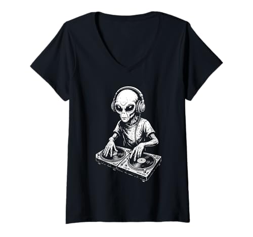 Damen Vintage Alien DJ Vinyl Plattenspieler Disco Rave Party T-Shirt mit V-Ausschnitt Damen Vintage Alien DJ Vinyl Plattenspieler Disco Rave Party T-Shirt mit V-Ausschnitt von Grungy Rave EDM Music Alien Dj Disco Festival