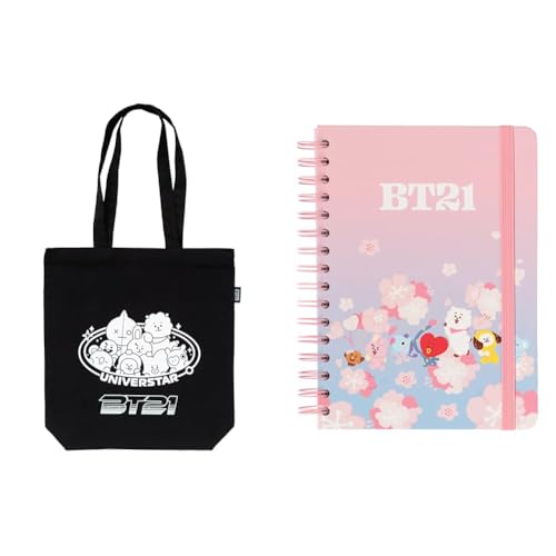 Grupo Erik Shopping Bag - BT21 BTS Tasche & Bullet Journal Dotted A5 BT21 Cherry Blossom - Hard Cover Notizblock A5 Ringbuch Notizbuch A5 Dotted Tagebuch mit Ringbindung offizieller BT21 Merch von Grupo Erik