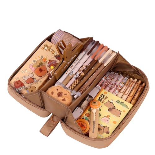Grurun Federmäppchen mit großem Fassungsvermögen, 3 Fächer, großes Federmäppchen, Stiftebox, Organizer, einfache Aufbewahrung, ästhetische Schreibwaren, Kosmetiktasche (braun) von Grurun