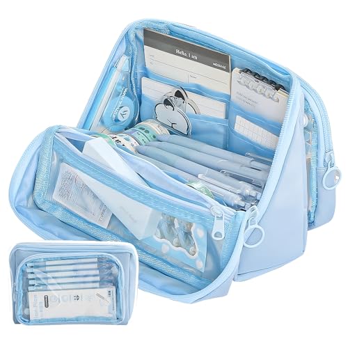 Grurun Großes Federmäppchen, großes Fassungsvermögen, ästhetische Stifte-Kosmetiktasche, Stift-Schreibwaren-Organizer, einfach, College, Büro, Zuhause, Reisen, Aufbewahrungstasche (blau) von Grurun