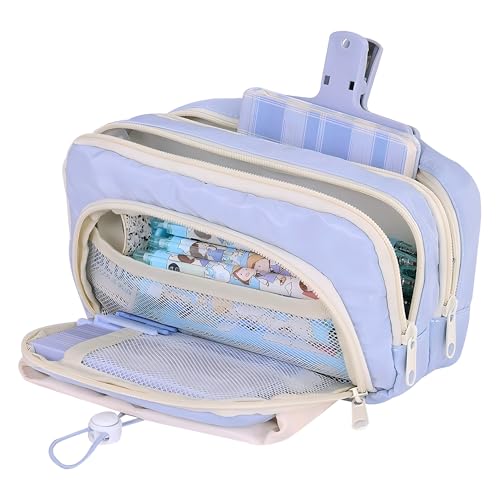 Grurun Großes Federmäppchen, großes Fassungsvermögen, ästhetische Stifte-Kosmetiktasche, Stift-Schreibwaren-Organizer, einfach, College, Büro, Zuhause, Reisen, Aufbewahrungstasche (blau) von Grurun