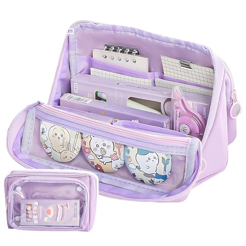 Grurun Großes Federmäppchen, großes Fassungsvermögen, ästhetische Stifte-Kosmetiktasche, Stift-Schreibwaren-Organizer, einfach, College, Büro, Zuhause, Reisen, Aufbewahrungstasche (lila) von Grurun