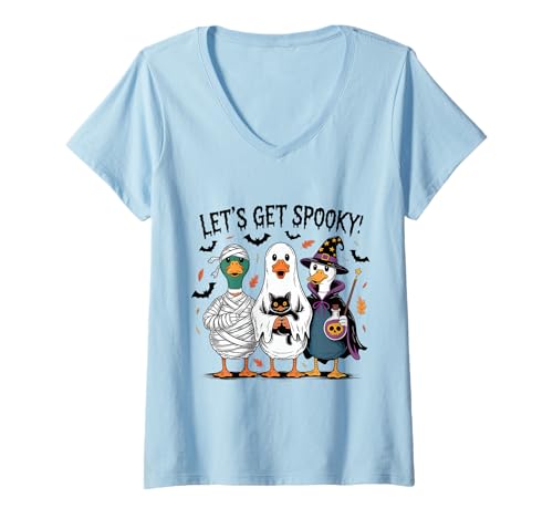 Damen Let’s Get Spooky Halloween Enten Party T-Shirt mit V-Ausschnitt von Grusel Enten Kollektion
