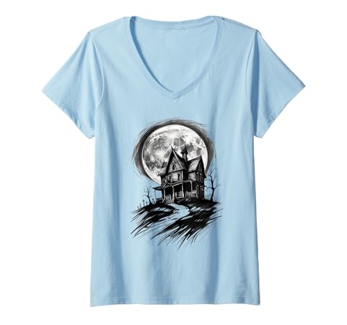 Damen Halloween gruselig Geisterhaus T-Shirt mit V-Ausschnitt Damen Halloween gruselig Geisterhaus T-Shirt mit V-Ausschnitt von Grusel Geist Kostüm Geschenkidee
