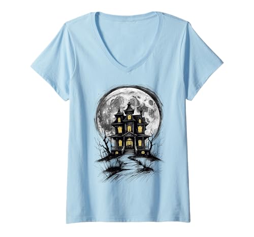 Damen Halloween gruselig Haus T-Shirt mit V-Ausschnitt Damen Halloween gruselig Haus T-Shirt mit V-Ausschnitt von Grusel Geist Kostüm Geschenkidee