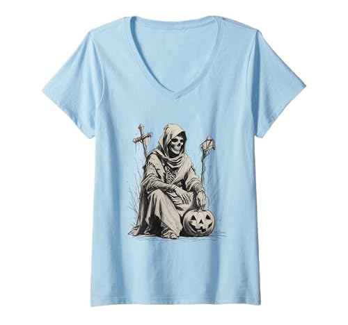 Damen Halloween gruselig Skelett König T-Shirt mit V-Ausschnitt Damen Halloween gruselig Skelett König T-Shirt mit V-Ausschnitt von Grusel Geist Kostüm Geschenkidee