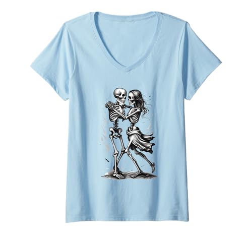 Damen Halloween gruselig Skelett T-Shirt mit V-Ausschnitt Damen Halloween gruselig Skelett T-Shirt mit V-Ausschnitt von Grusel Geist Kostüm Geschenkidee