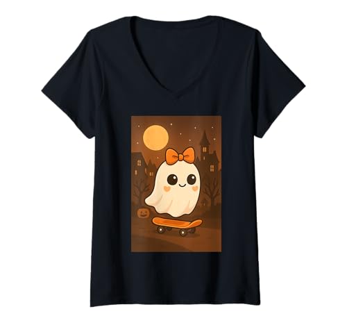 Damen gruselig Geist Halloween T-Shirt mit V-Ausschnitt von Grusel Geister Kostüm Geschenkidee