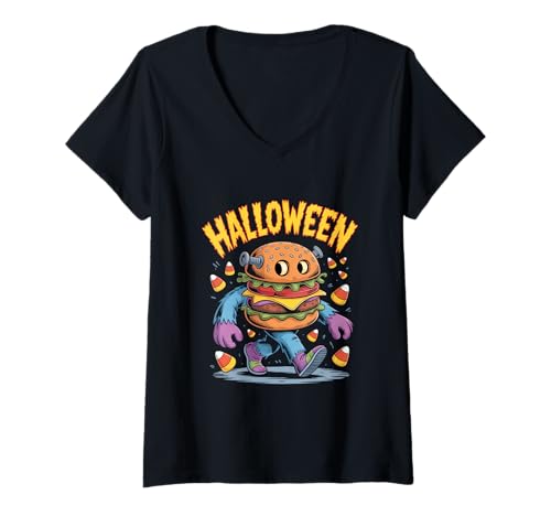 Damen Halloween Monsterburger Trick Oder Treat Party Spaß T-Shirt mit V-Ausschnitt Damen Halloween Monsterburger Trick Oder Treat Party Spaß T-Shirt mit V-Ausschnitt von Grusel Monster Snack Burger Nacht Halloween Motiv
